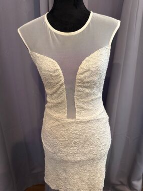 Charlotte Russe Sexy White Lace Sheath Dress with Illusion Neckline